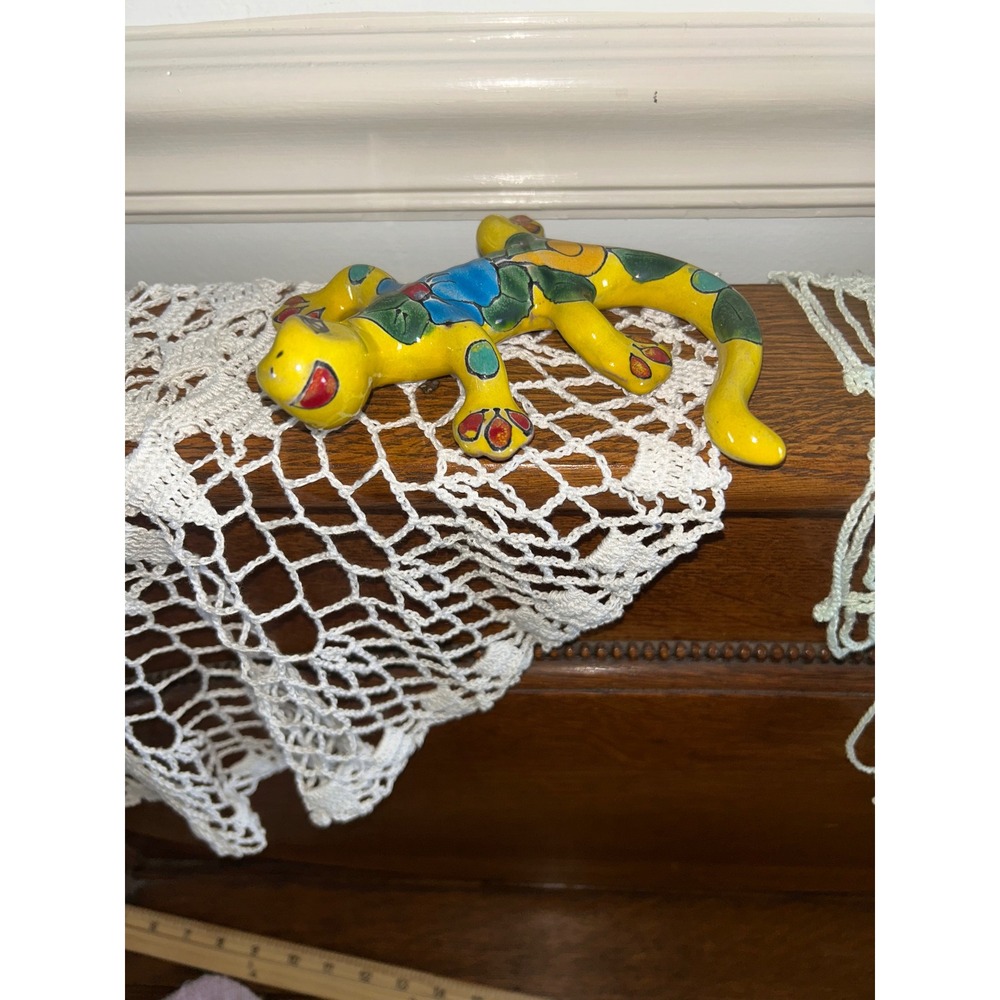 Mexican Talavera Ceramic Lizard Wall Art Hand Painted Yellow Salamander Figurine